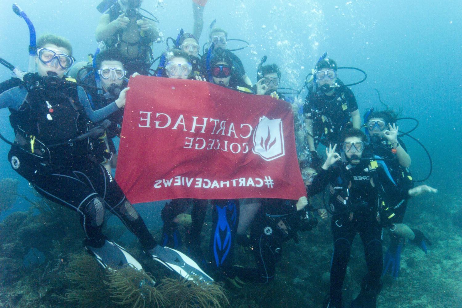 学生们手持<a href='http://je.lcxjj.net/'>bv伟德ios下载</a>旗帜，在j学期洪都拉斯游学之旅中潜水.